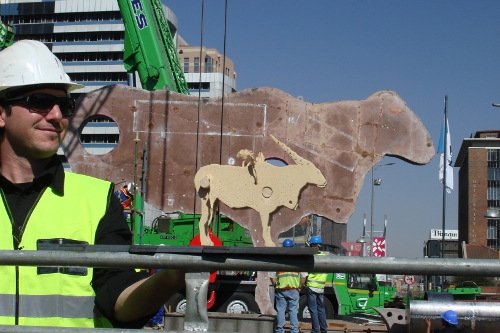 The Eland maquette against the actual sculpture during installation.